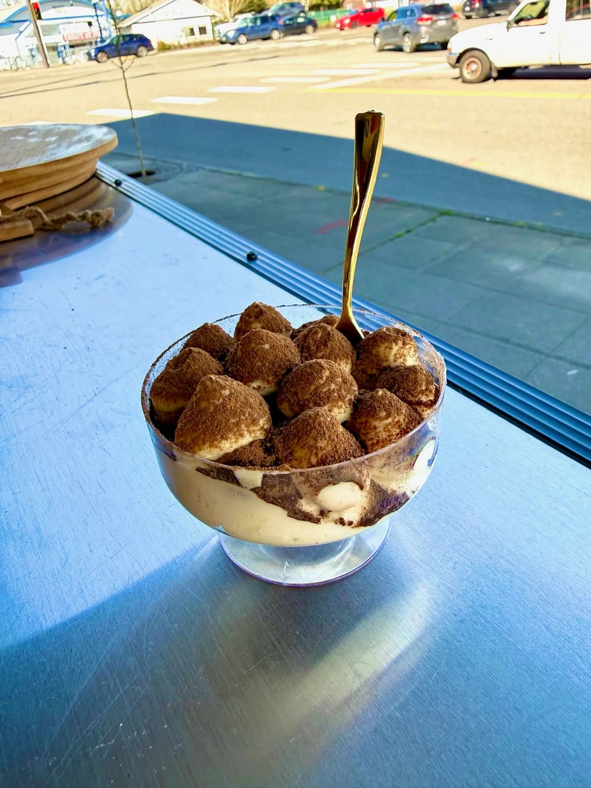 Close-up of house-made tiramisu with cocoa-dusted mascarpone cream