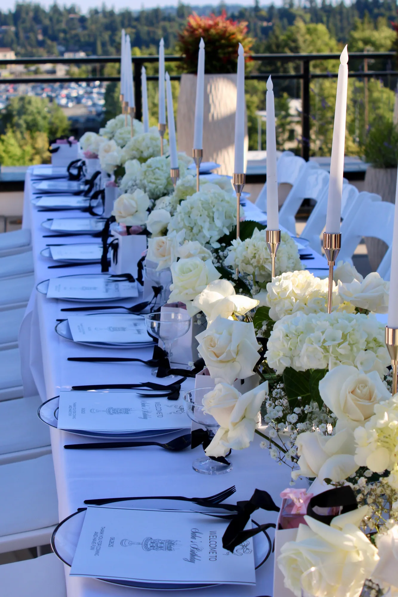 Elegant outdoor wedding reception tables prepared for a Forno Via catered celebration